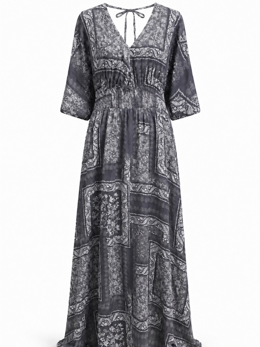 ODDI 2XL Paisley Maxi Dress Side Slits Tie Back Dolman Flutter Sleeve Patchwork